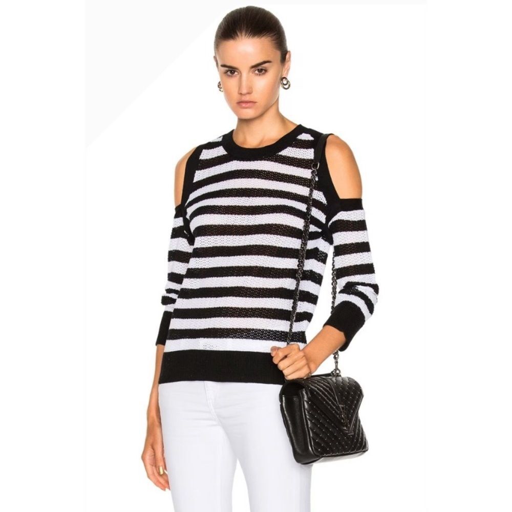RAG & BONE Cold-shoulder Striped Open-knit Cotton Sweater Black In Black-white S